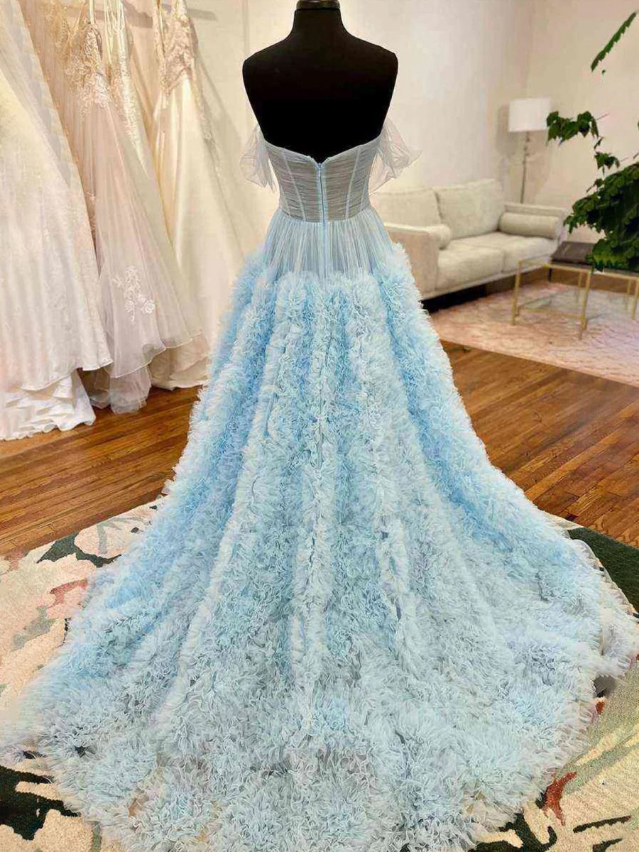 Gorgeous A-line Off the Shoulder Long Tulle Prom Dresses with Slit