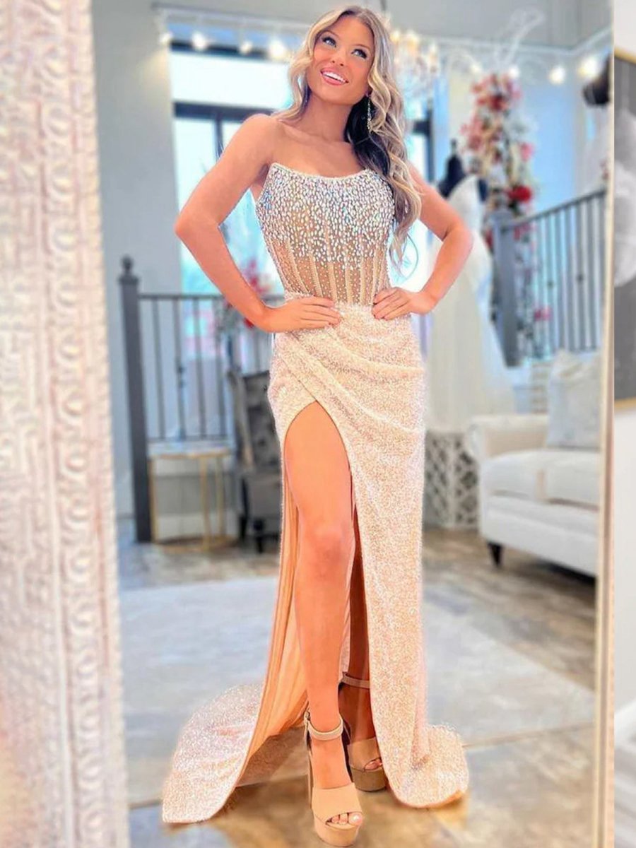 Strapless Mermaid Long Sequins Prom Dresses with Split
