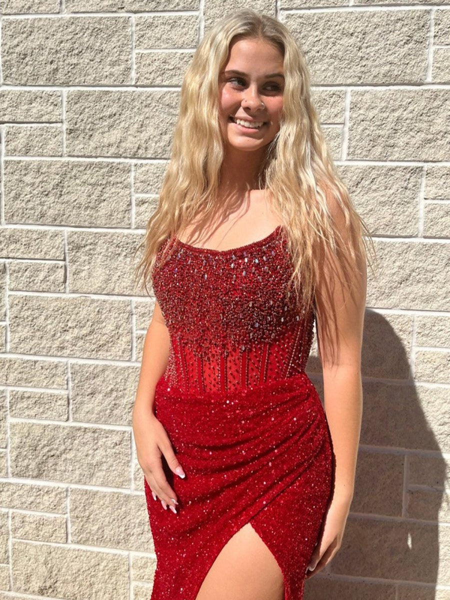 Strapless Mermaid Long Sequins Prom Dresses with Split
