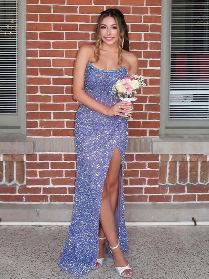 Strapless Mermaid Long Sequins Prom Dresses with Split
