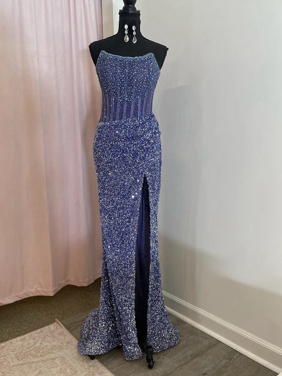 Strapless Mermaid Long Sequins Prom Dresses with Split