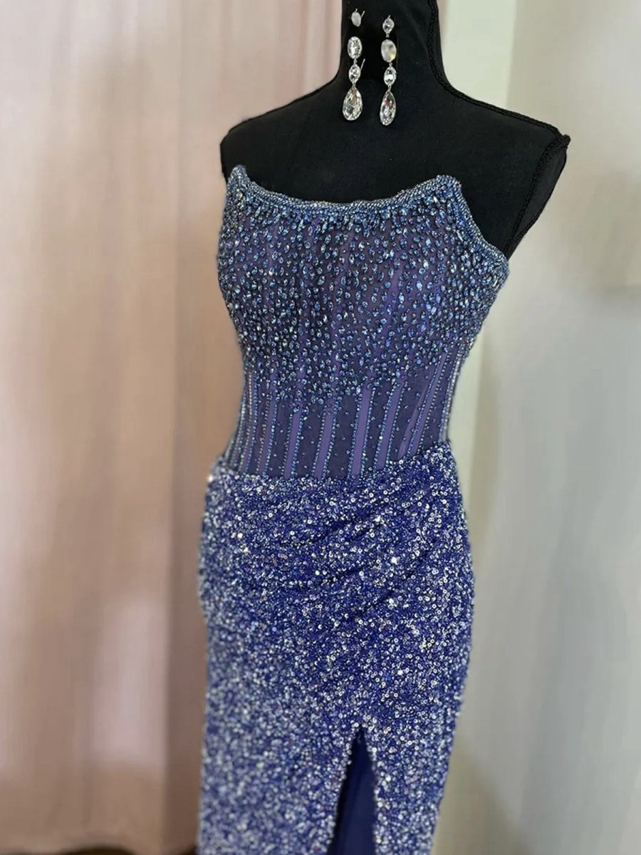 Strapless Mermaid Long Sequins Prom Dresses with Split