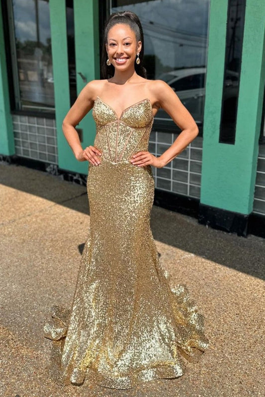 Gold Strapless Mermaid Sequins Long Prom Dresses