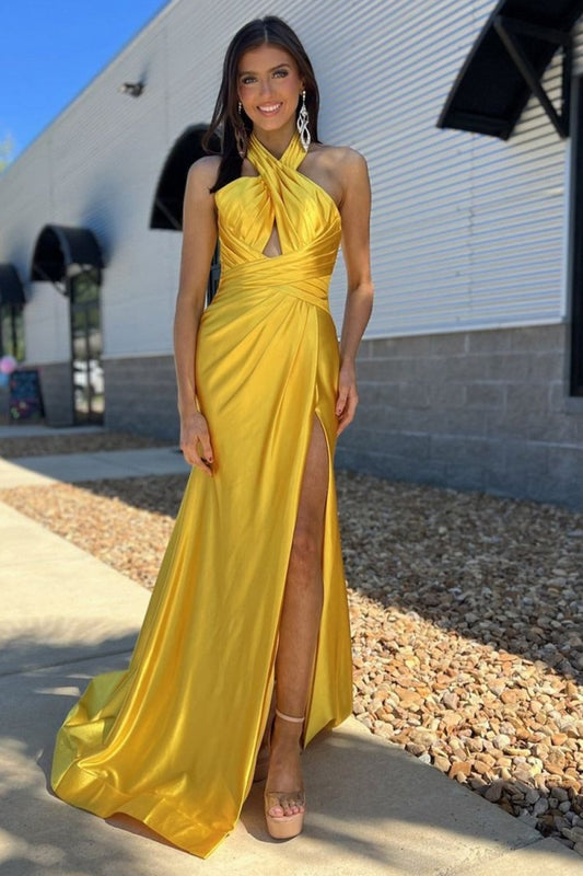 Halter Satin Mermaid Long Prom Dresses with Slit