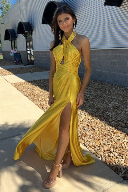 Halter Satin Mermaid Long Prom Dresses with Slit