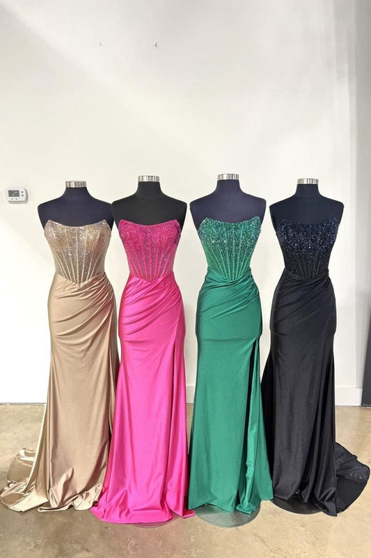 Strapless Mermaid Beaded Long Prom Dresses with Slit