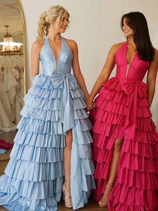 Halter A-line Satin Long Ruffled Prom Dresses with Slit