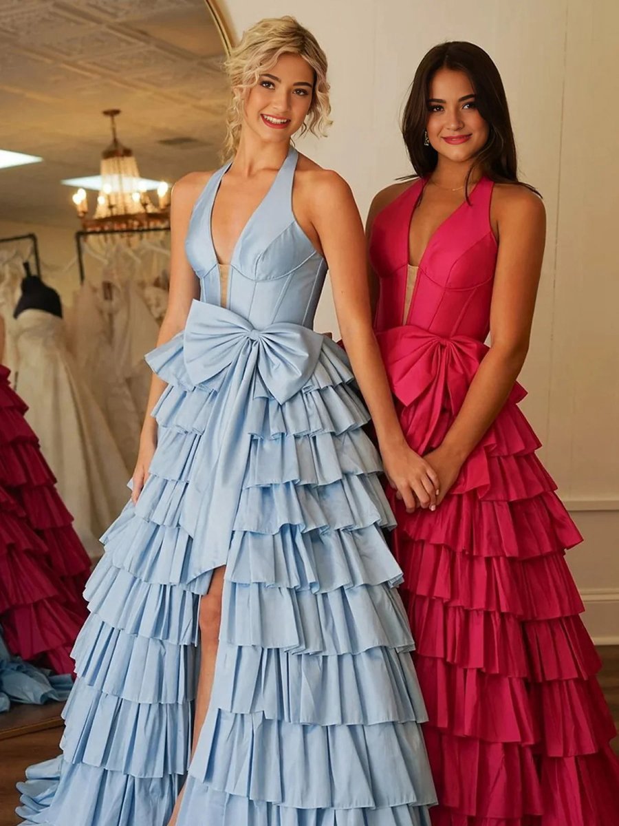 Halter A-line Satin Long Ruffled Prom Dresses with Slit