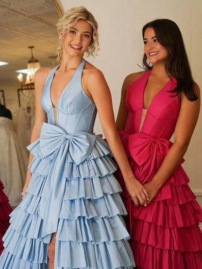 Halter A-line Satin Long Ruffled Prom Dresses with Slit