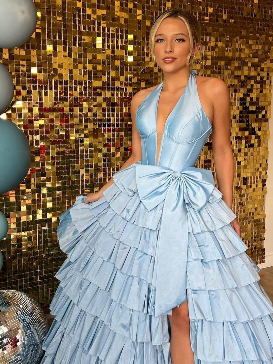 Halter A-line Satin Long Ruffled Prom Dresses with Slit
