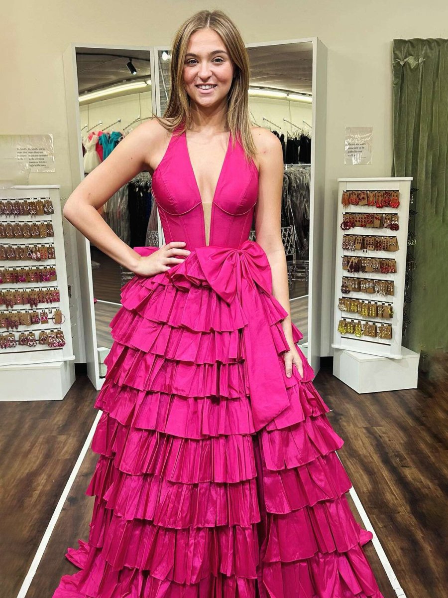 Halter A-line Satin Long Ruffled Prom Dresses with Slit