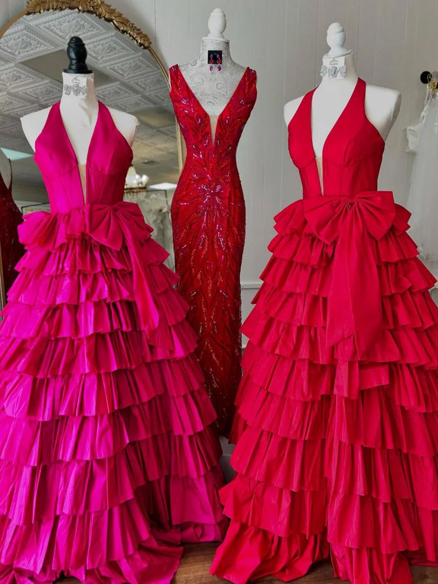 Halter A-line Satin Long Ruffled Prom Dresses with Slit