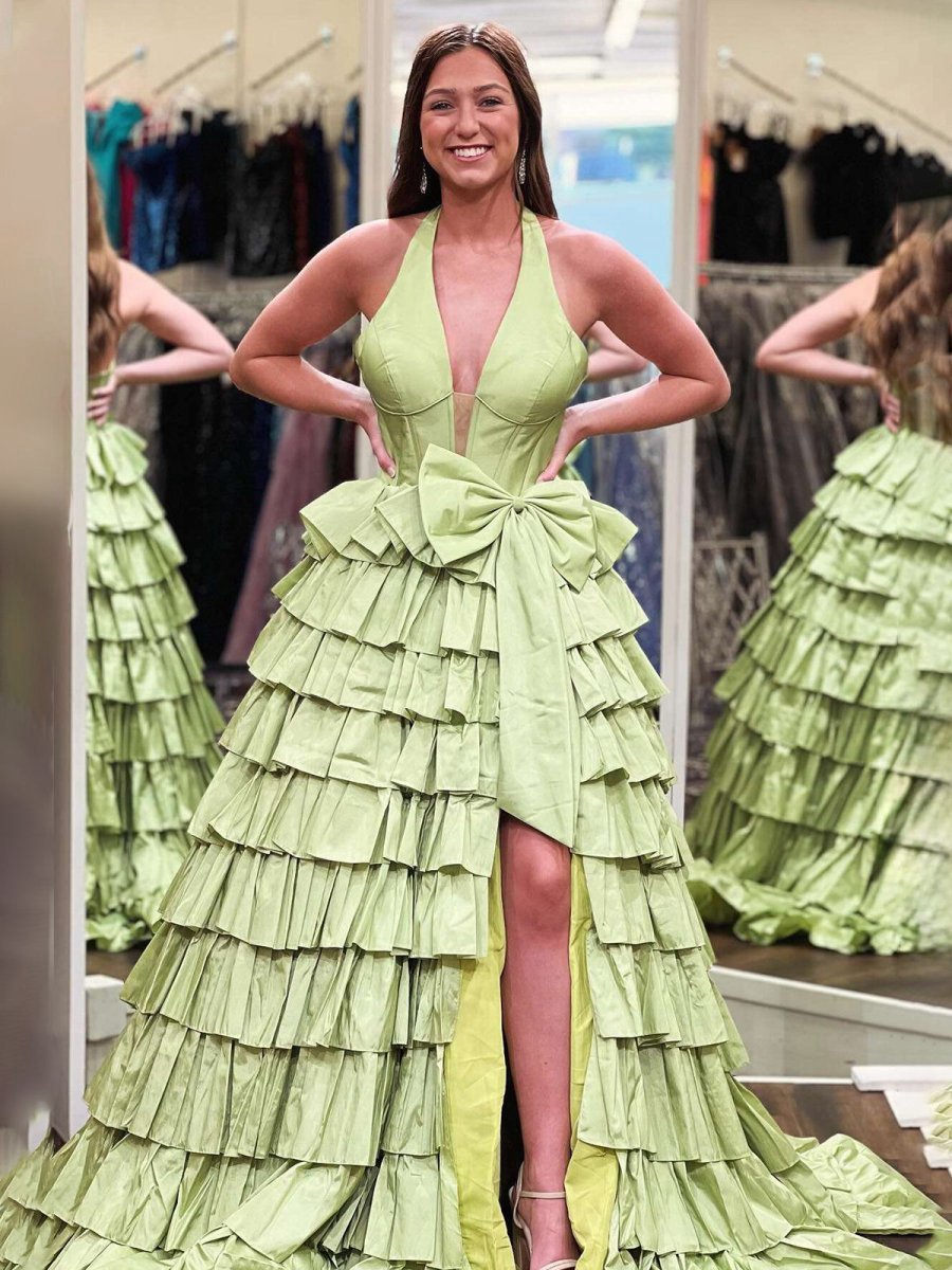 Halter A-line Satin Long Ruffled Prom Dresses with Slit