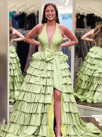 Halter A-line Satin Long Ruffled Prom Dresses with Slit