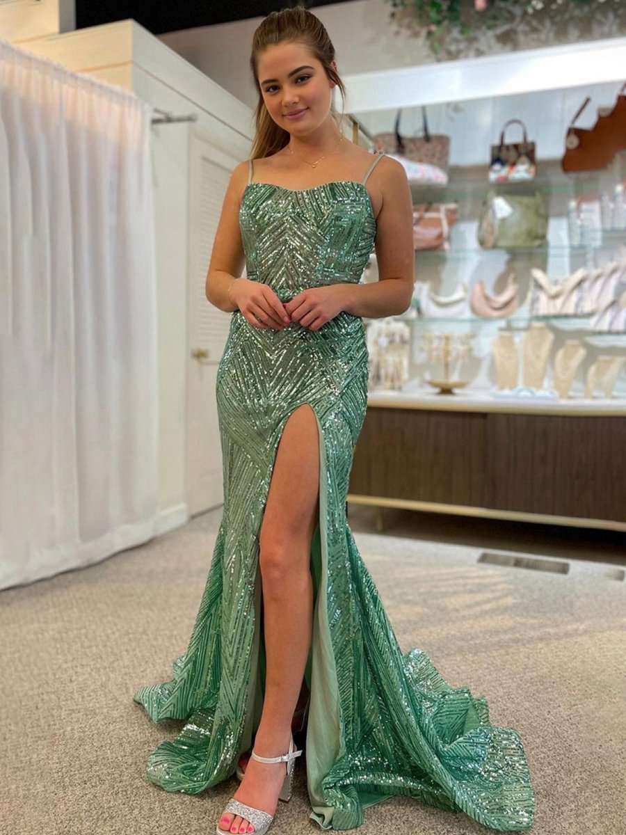 Spaghetti Straps Sequins Mermaid Prom Dresses with Slit