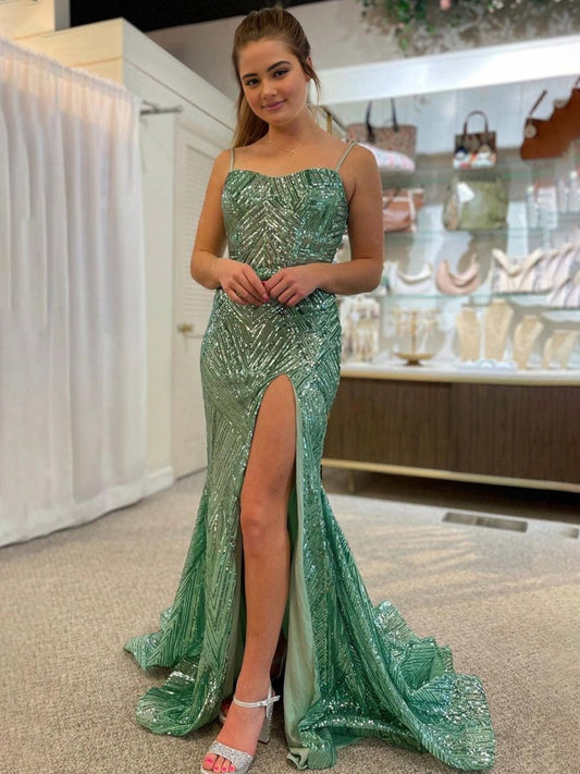 Spaghetti Straps Sequins Mermaid Prom Dresses with Slit