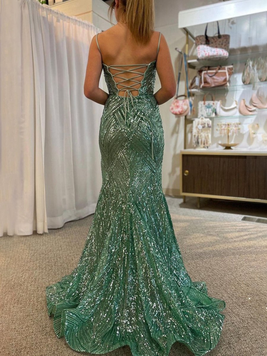 Spaghetti Straps Sequins Mermaid Prom Dresses with Slit