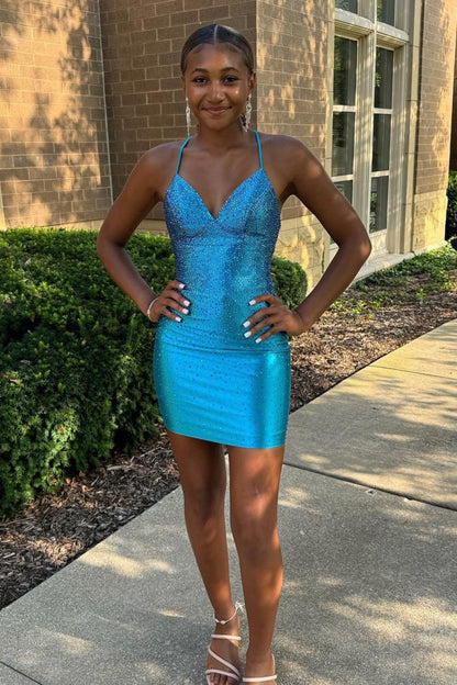 Spaghetti Straps Beaded Lace Up Homecoming Dresses