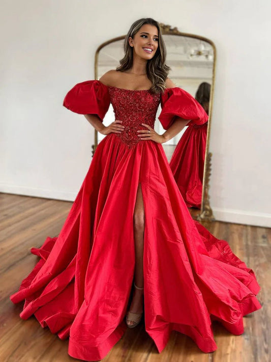 A-line Off the Shoulder Taffeta Prom Dresses with Short Puffy Sleeves