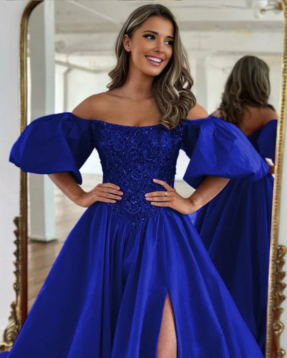 A-line Off the Shoulder Taffeta Prom Dresses with Short Puffy Sleeves