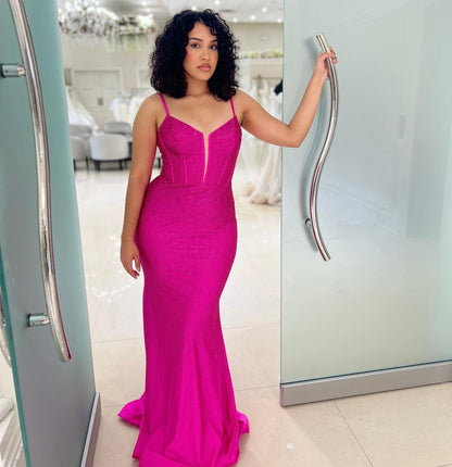 Mermaid Spaghetti Straps Beaded Satin Long Prom Dresses