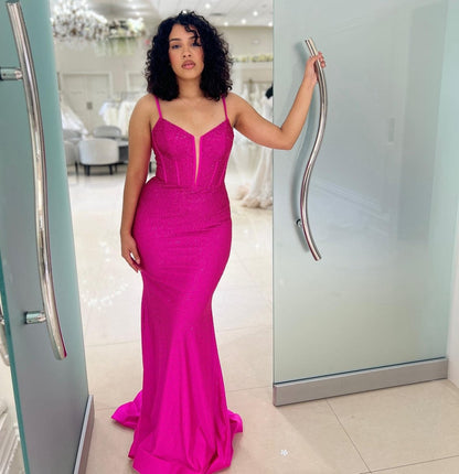 Mermaid Spaghetti Straps Beaded Satin Long Prom Dresses