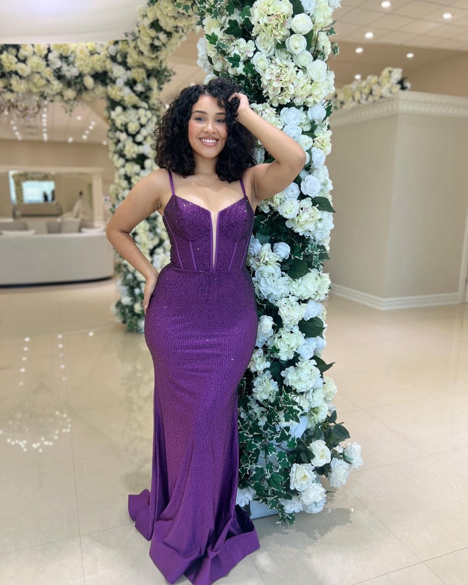 Mermaid Spaghetti Straps Beaded Satin Long Prom Dresses