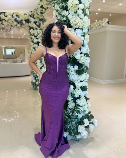 Mermaid Spaghetti Straps Beaded Satin Long Prom Dresses