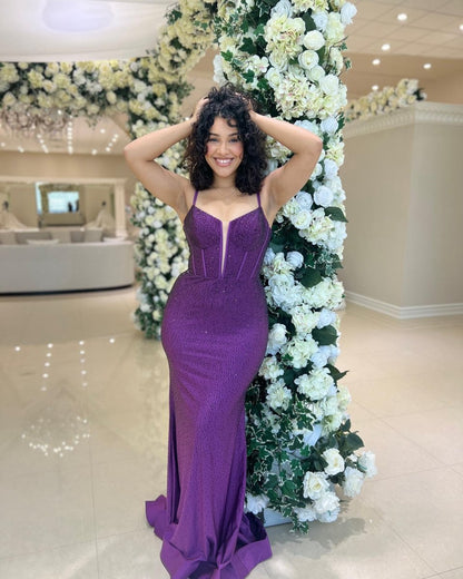 Mermaid Spaghetti Straps Beaded Satin Long Prom Dresses