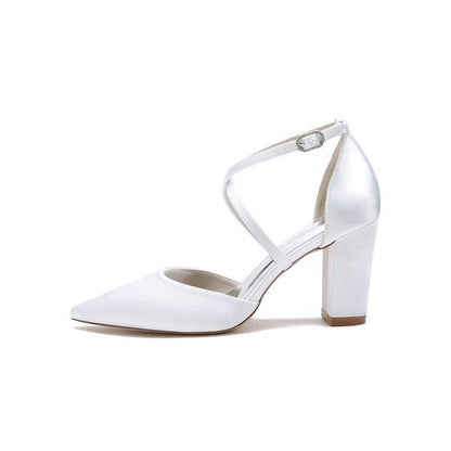 Satin Pump with Cross-Strap and Metal Accent