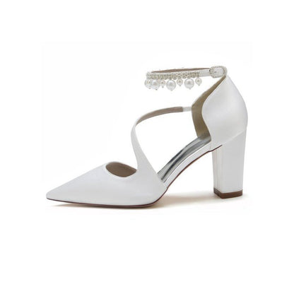 Satin Heels with Cross-Strap Design and Pearl-Accented Buckle