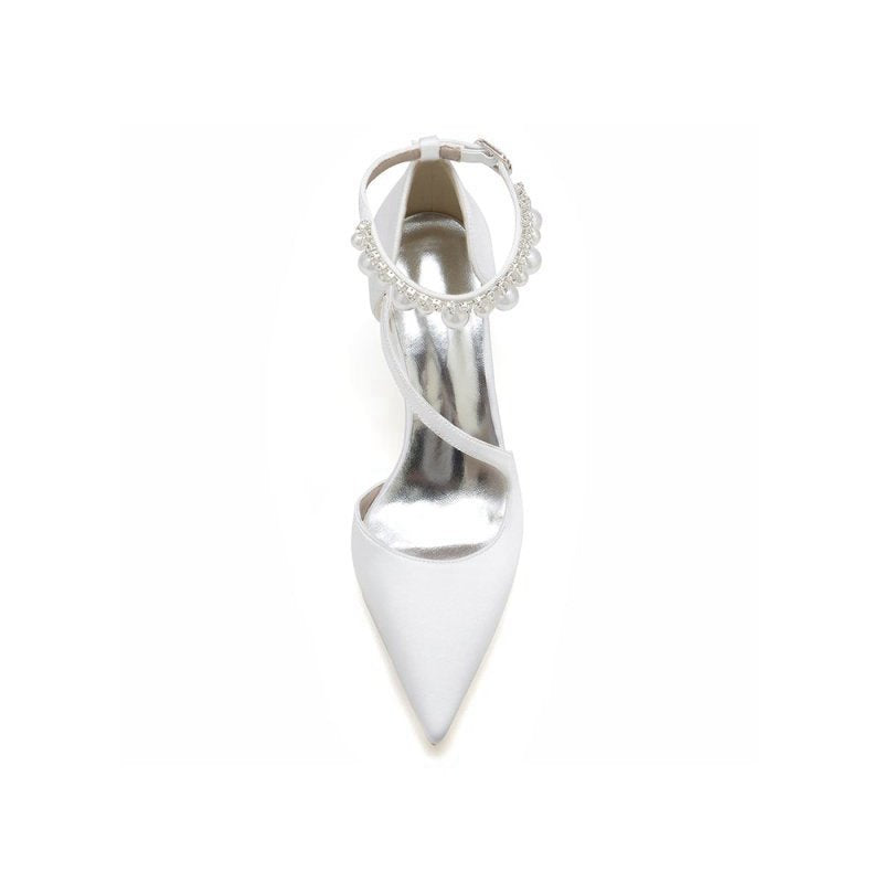 Satin Heels with Cross-Strap Design and Pearl-Accented Buckle