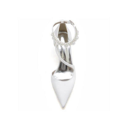Satin Heels with Cross-Strap Design and Pearl-Accented Buckle