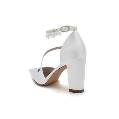 Satin Heels with Cross-Strap Design and Pearl-Accented Buckle