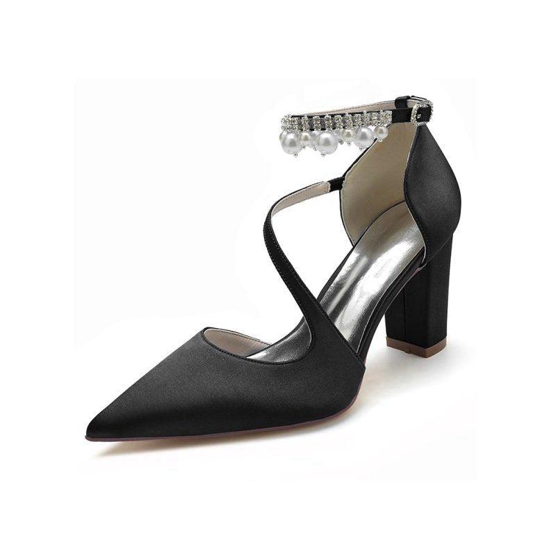 Satin Heels with Cross-Strap Design and Pearl-Accented Buckle