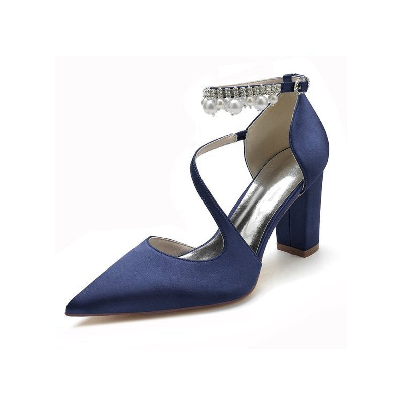 Satin Heels with Cross-Strap Design and Pearl-Accented Buckle