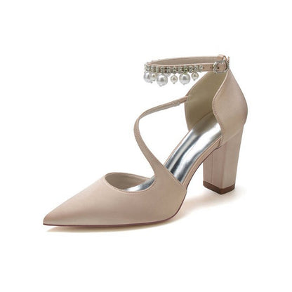 Satin Heels with Cross-Strap Design and Pearl-Accented Buckle