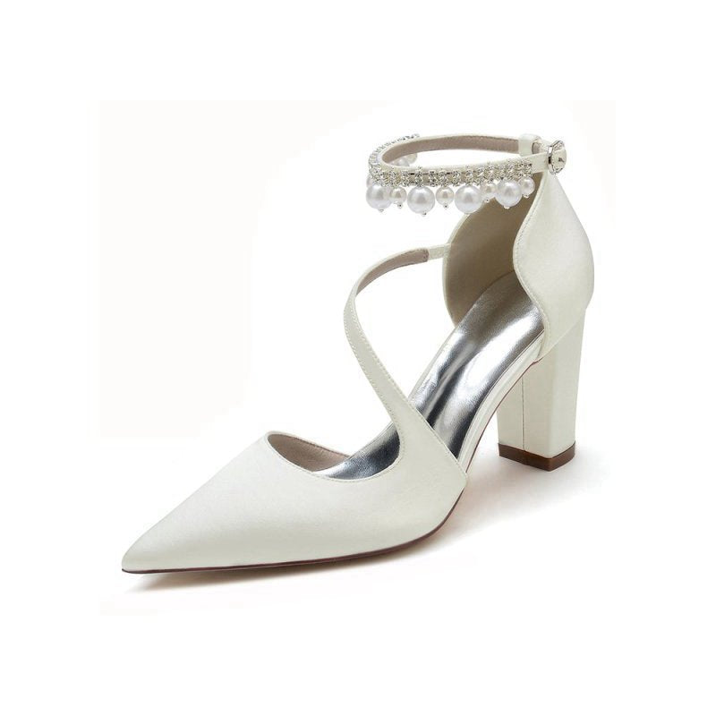 Satin Heels with Cross-Strap Design and Pearl-Accented Buckle