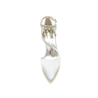 Satin Pump with Pearl-Embedded Chain Heel