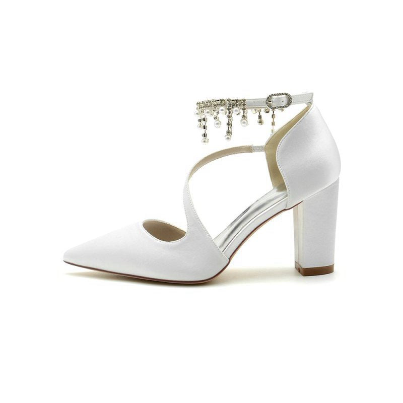 Satin Pump with Pearl-Embedded Chain Heel
