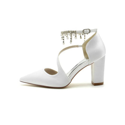 Satin Pump with Pearl-Embedded Chain Heel