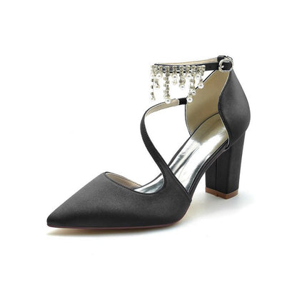 Satin Pump with Pearl-Embedded Chain Heel