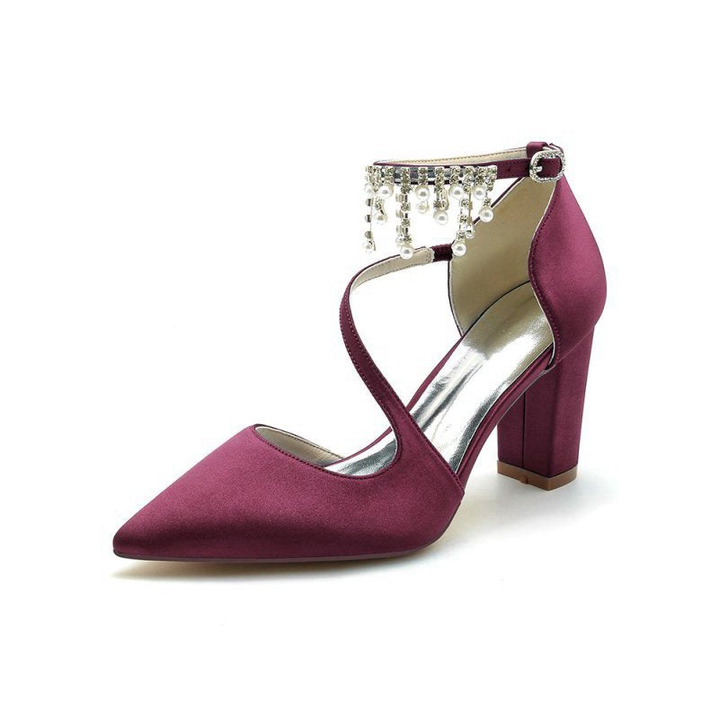 Satin Pump with Pearl-Embedded Chain Heel