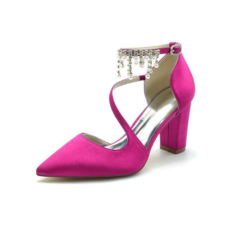 Satin Pump with Pearl-Embedded Chain Heel