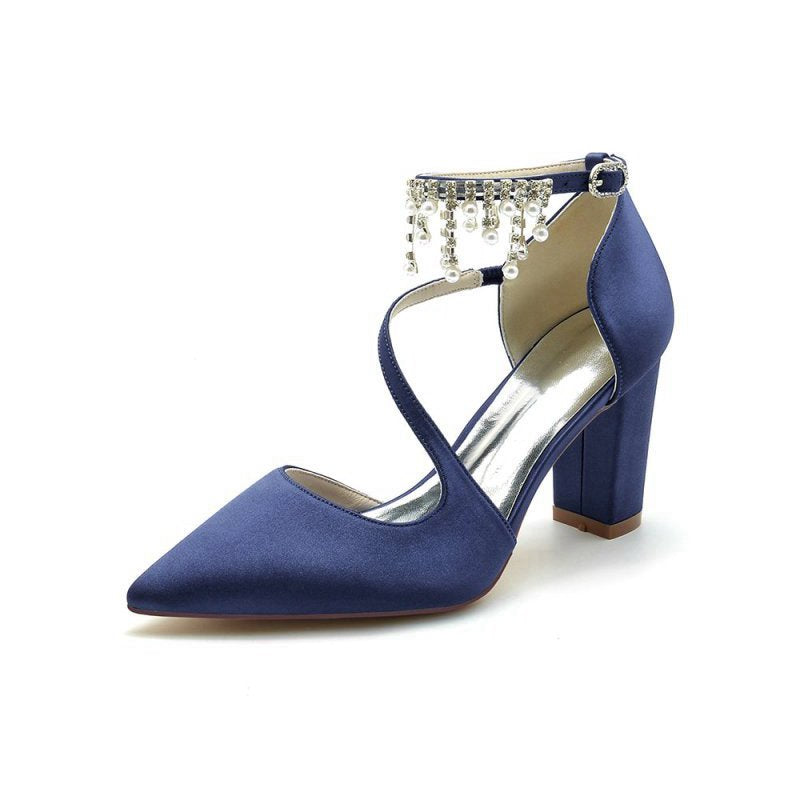 Satin Pump with Pearl-Embedded Chain Heel