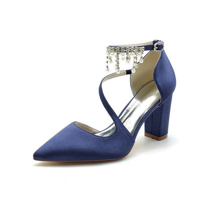 Satin Pump with Pearl-Embedded Chain Heel