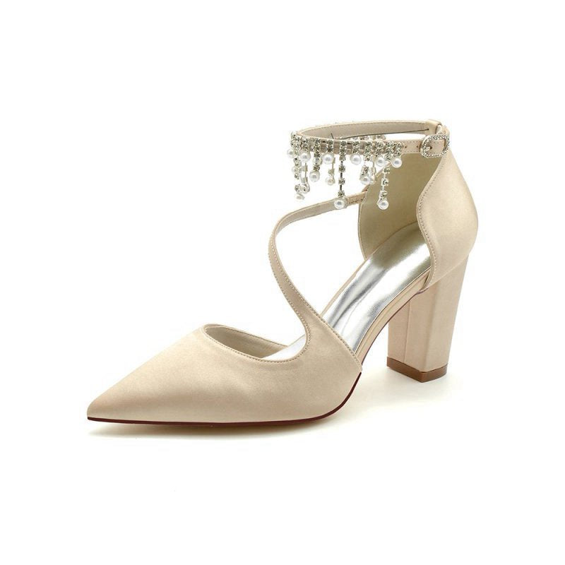 Satin Pump with Pearl-Embedded Chain Heel