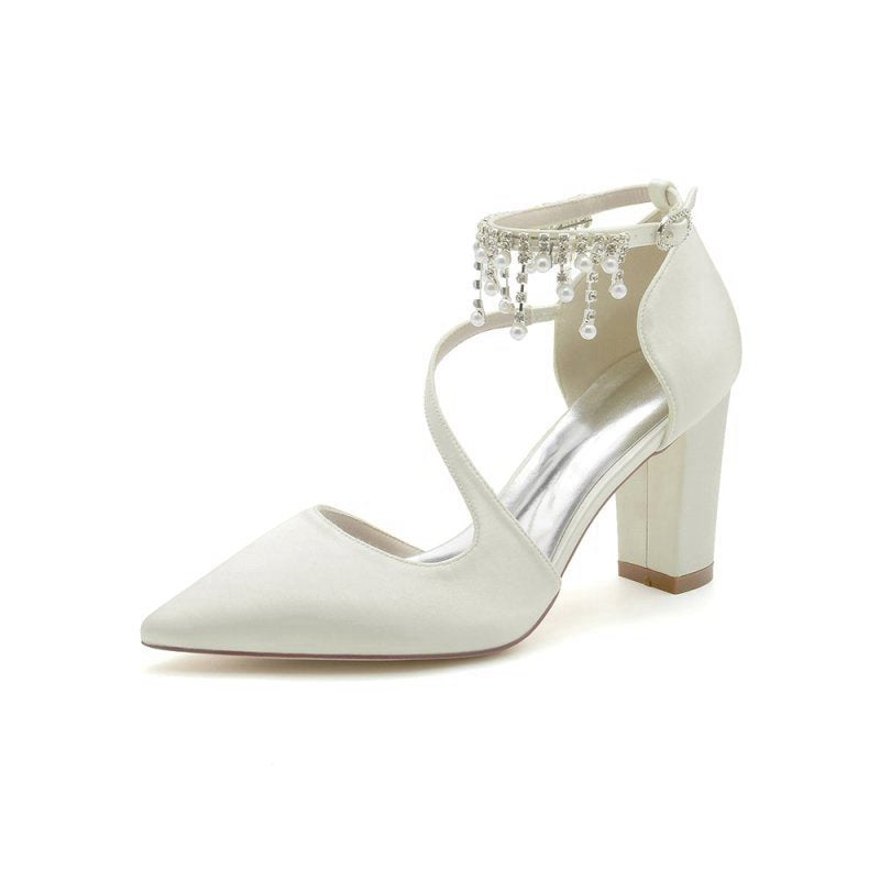 Satin Pump with Pearl-Embedded Chain Heel