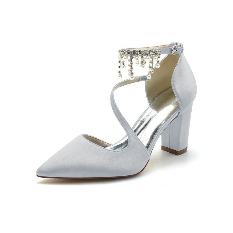 Satin Pump with Pearl-Embedded Chain Heel