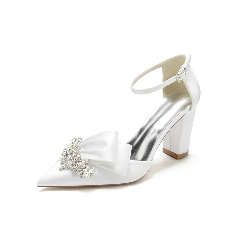Satin Heels Featuring a Large Decorative Bow and Metallic Heel